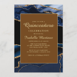 Convite Elegante Marinho Azul, Dourado Agato Marble Quince