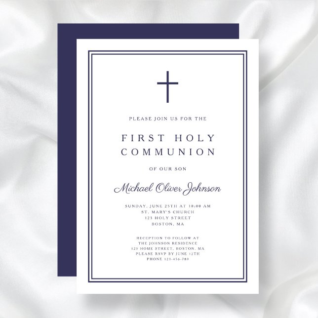Convite Elegante Marinho Blue Cross Boy First Santa Comunh (Elegant Navy Blue Cross Boy First Holy Communion Invitation)
