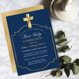 Convite Elegante Marinho Dourado Primeira Comunhão Sagrada