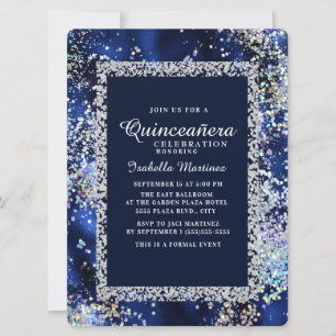 Convite Elegante Marinho Dourado Silver Glitter Quinceañe