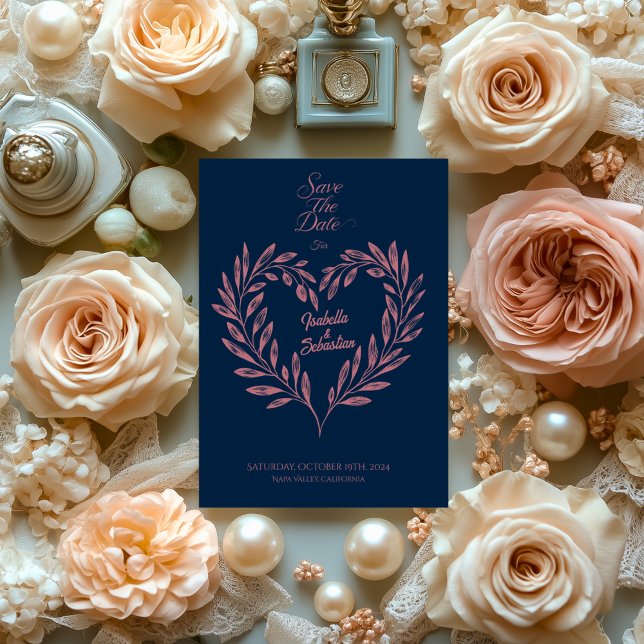 Convite Elegante Marinho e Dourado Rosa Coração Salve a Da (Criador carregado)