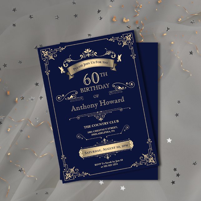 Convite Elegante Marinho Real Dourado Milestone Agendado A (Elegant Royal Navy Gold Milestone Age Birthday Invitation)