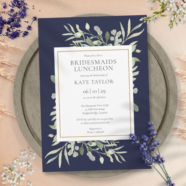 Convite Elegante Marinho Verde Azul Bridesmaids Luncheon (Elegant Navy Blue Greenery Bridesmaids Luncheon Invitation)