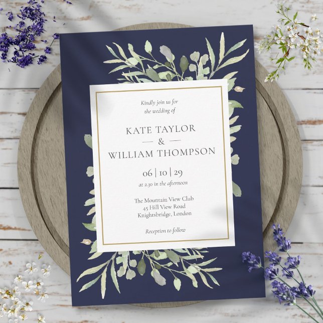 Convite Elegante Marinho Verde Azul Deixa Casamento (Elegant Navy Blue Greenery Leaves Wedding Invitation)