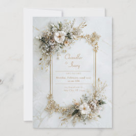 Convite Elegante Mármore Branco Dourado Geométrico Floral