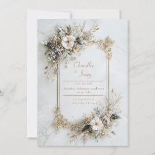 Convite Elegante Mármore Branco Dourado Geométrico Floral