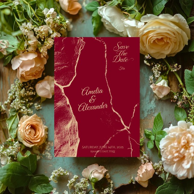 Convite Elegante Mármore Burgundy e Dourado Claro Save the (Criador carregado)