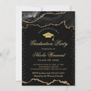 Convite Elegante Mármore Preto e Dourado Ágata Formatura