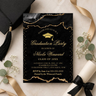 Convite Elegante Mármore Preto e Dourado Ágata Formatura