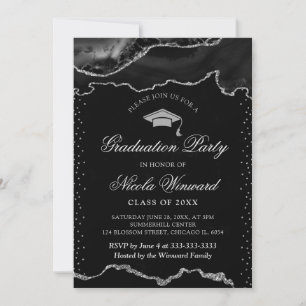 Convite Elegante mármore preto e prata Ágata Formatura
