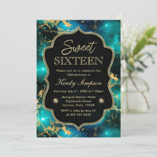 Convite Elegante Mármore Verde e Dourado Galáxia Sweet Six