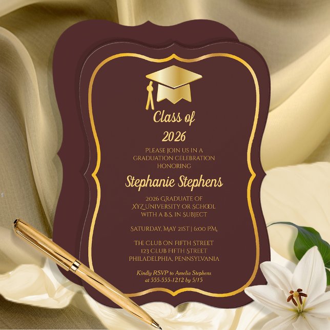 Convite Elegante Maroon | FESTA DE FORMATURA DOURADA (Elegant Maroon and Gold Tone Grad Cap Graduation Party Invitation - Print | Digital Download)