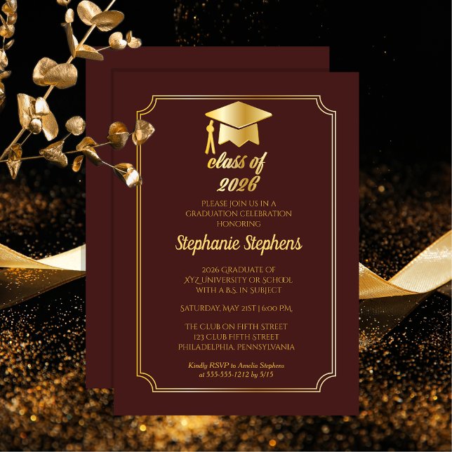 Convite Elegante Maroon | Parte Formandos do Boné Dourado (Elegant Maroon and Gold Tone Grad Cap College Graduation Party Invitation - Print | Download)