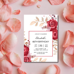 Convite Elegante Maroon Rosa Floral Greenery Aniversário