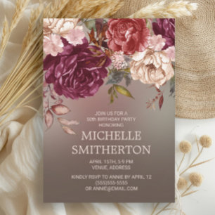 Convite Elegante Marrom Borgonha Marfim Floral 50º Anivers