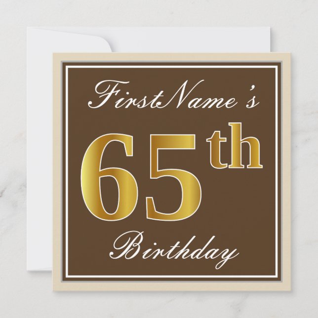 Convite Elegante, Marrom, Dourado Falso Aniversário de 65  (Frente)