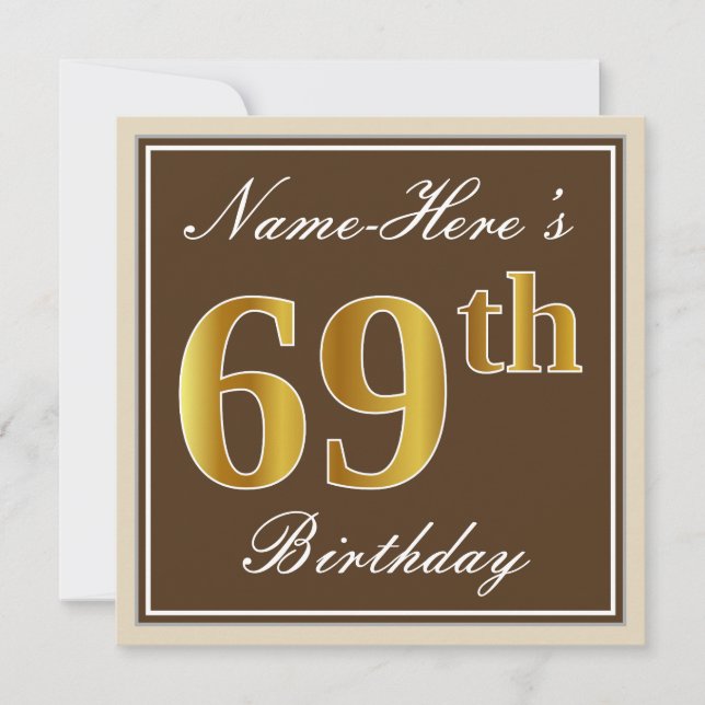 Convite Elegante, Marrom, Dourado Falso Aniversário de 69  (Frente)