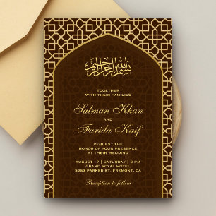 Convite Elegante Marrom Dourado Mihrab Islâmico Casamento