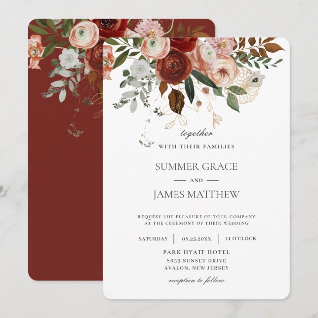 Convite Elegante Marsala Burgundy Blush Ivory Wedding (Frente/Verso)