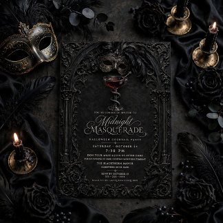 Convite Elegante Máscara de Halloween Coquetel Preto Gótic