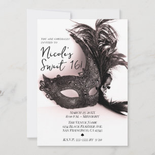 Convite Elegante Máscara de Pena Preta para Festa Sweet 16