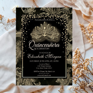 Convite Elegante Máscara Moderna Floral Damasco Quinceaner