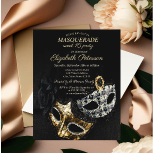 Convite Elegante Máscara Preta, Masque Sweet 16