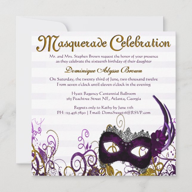 Convite Elegante Mascarada Swirl Invite [Roxo] (Frente)