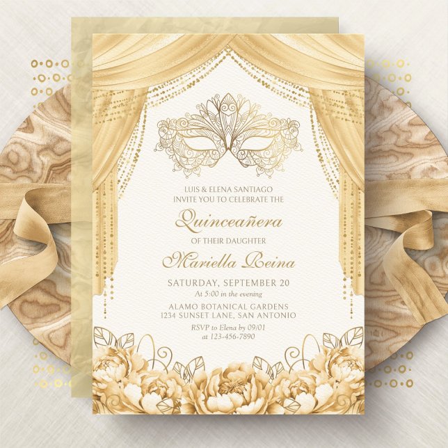 Convite Elegante Mask Mascarada Dourado Quinceanera (Criador carregado)