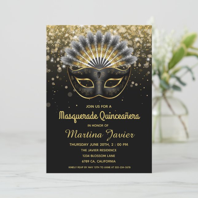 Convite Elegante Masquerada Quinceañera 15º Aniversário (Em pé/Frente)