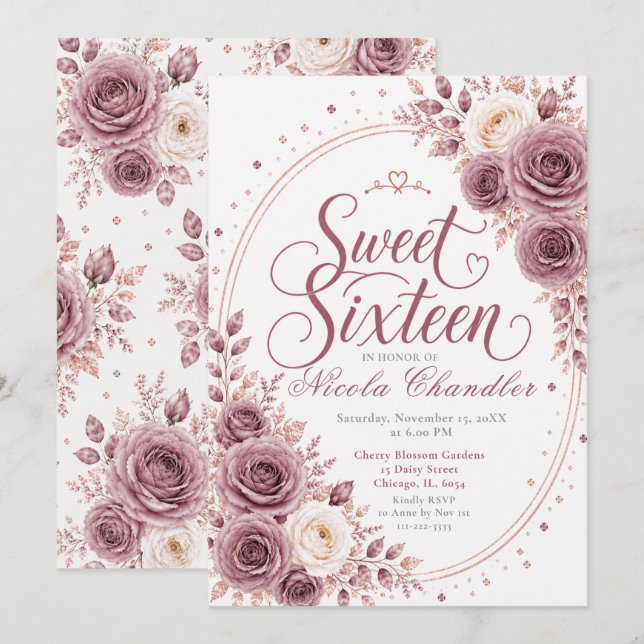 Convite Elegante Mauve Sweet 16 (Frente/Verso)