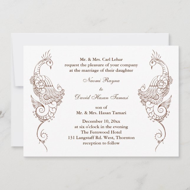 Convite Elegante Mehndi para Casamento de Peacock (Frente)