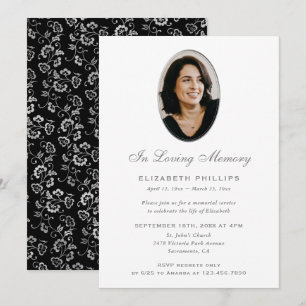 Convite Elegante Memorial Fotográfico Floral Preto Prata