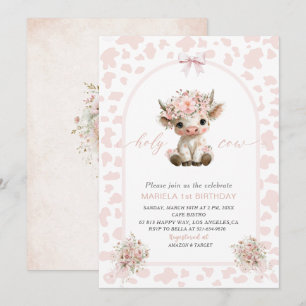 Convite Elegante Menina de Aniversário de 1 Ano com Vaca S