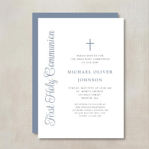 Convite Elegante Menino de Azul Desbotado Script Primeira 