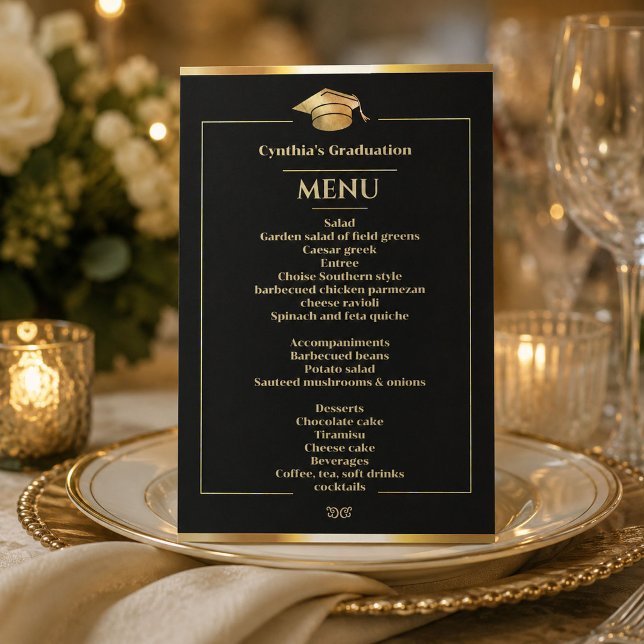 Convite Elegante Menu de Jantar de Formatura Preto e Doura (#menuinvitation #menugraduationinvitation #graduationblackgoldinvitation #goldcapgraduation #modern)