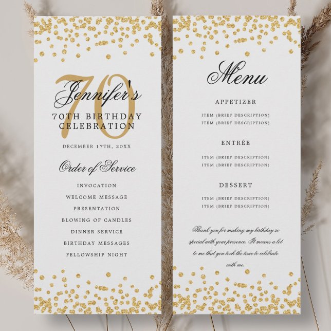 Convite Elegante Menu de Programa de Aniversário de 70 ano (Elegant 70th Birthday Program Menu Thank U Gold )