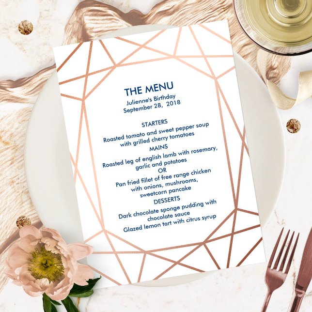 Convite Elegante Menu Geométrico em Rosa Dourado e Azul Ma (Criador carregado)