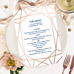 Convite Elegante Menu Geométrico em Rosa Dourado e Azul Ma