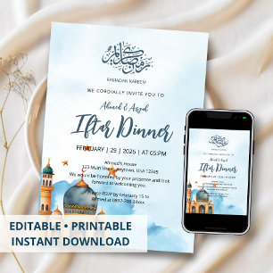 Convite Elegante Mesquita Aquarela Azul Ramadan Iftar