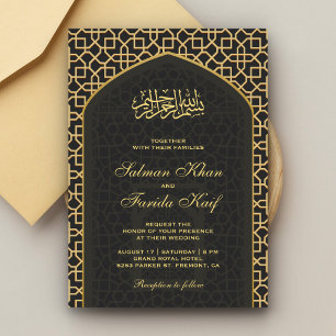 Convite Elegante Mihrab Islâmico Dourado Cinza Casamento M
