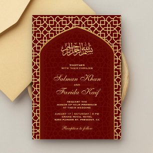 Convite Elegante Míhrab Islâmico Dourado Vermelho Casament