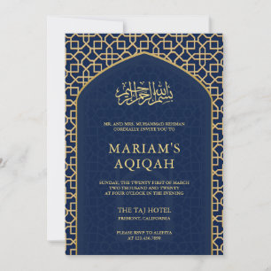 Convite Elegante Mihrab Islâmico em Azul e Dourado Aqiqah