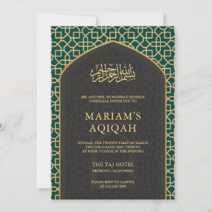 Convite Elegante Mihrab Islâmico Teal Cinza Dourado Aqiqah