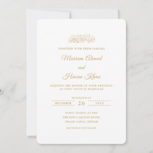 Convite Elegante Minimal Dourado Script Casamento Muçulman