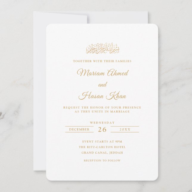 Convite Elegante Minimal Dourado Script Casamento Muçulman (Frente)