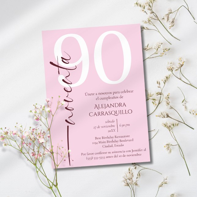 Convite Elegante Minimalista Espanhol Rosa 90º Aniversário (Criador carregado)