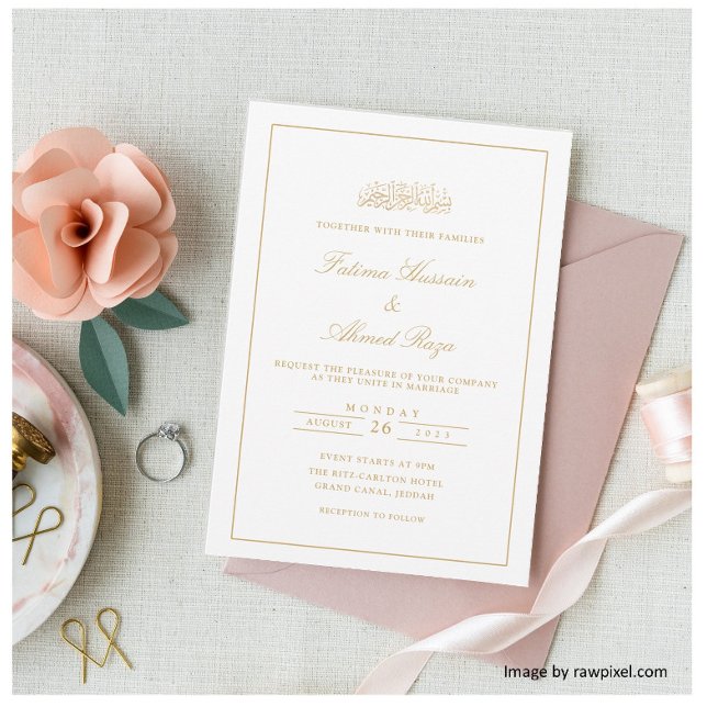 Convite Elegante Mínimo Ouro Estilo Script Casamento Muçul (Criador carregado)