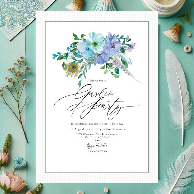Convite Elegante Mint e Blue Boho Floral Party (Elegant Mint and Blue Boho Floral Garden Party Invitation)