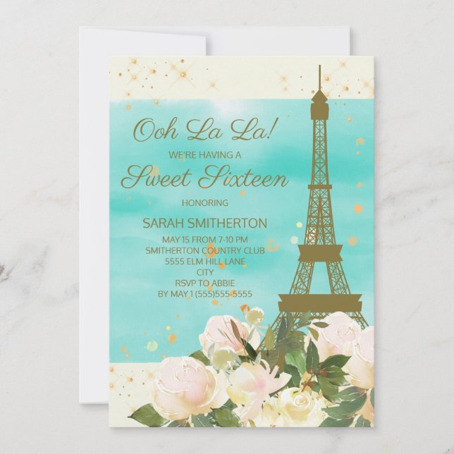 Convite Elegante Mint Eiffel Tower Paris Sweet 16 (Frente)